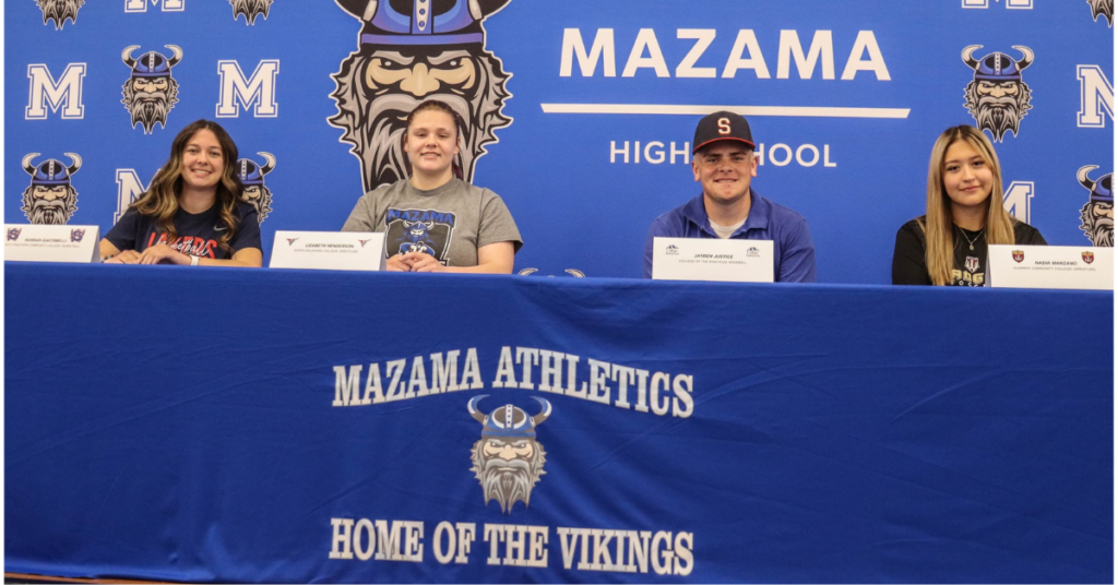 Mazama High School seniors Hannah Giacomelli, Lizbeth Henderson, Jayden Justice, and Nadia Manzano signed to continue their athletic careers in college during a Signing Day celebration at the school cafeteria.